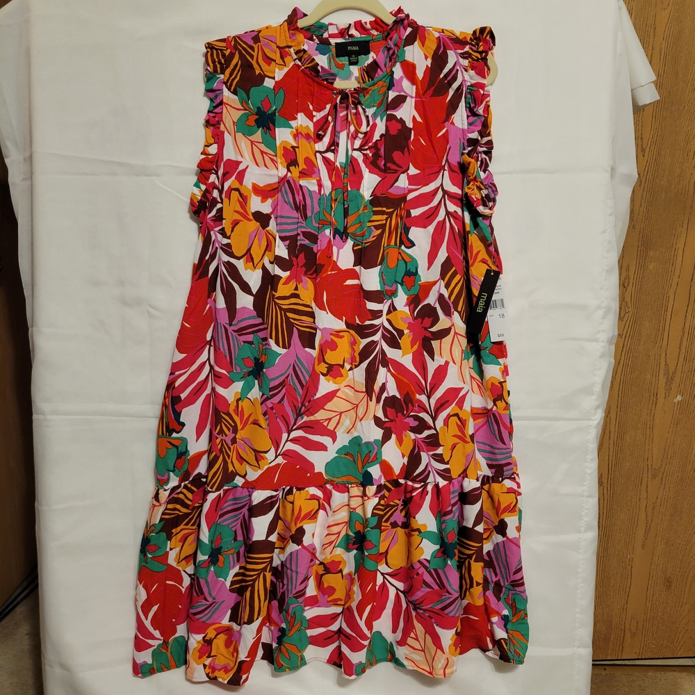 NWT Maia Tropical Red Floral Ruffle Sleeves Midi Dress Size 18